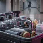School Cleaning Checklist - Professional 16:9 hero banner. Ultra high resolution. A macro shot focusing on a meticulously organised cleaning caddy, with various cleaning supplies (sprays, brushes, cloths) neatly arranged. The background subtly blurs into a modern, empty school corridor, suggesting readiness for action. A strong, authoritative #737373 accent light casts a focused glow on the supplies, highlighting their readiness and the importance of systematic cleaning. Hints of #E2087E are visible in the reflections on polished surfaces, adding a touch of vibrancy to the professional scene. The overall mood is one of preparedness, precision, and a commitment to hygiene. Style: Editorial still life photography.