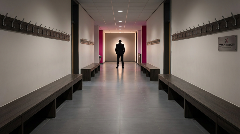 School Cloakroom Storage - Professional 16:9 hero banner. Ultra high resolution. An authoritative, silhouetted figure, possibly a School Business Manager, stands confidently at the end of a brightly lit, impeccably organised school cloakroom corridor. The corridor features modern, durable Solid Grade Laminate benches and wall-mounted coat hooks, with clear, wide walkways. The scene is illuminated by an accent glow of #737373, highlighting the clean lines and order, with secondary elements in #E2087E. The overall atmosphere is one of efficiency and safety, reflecting Cost Cutters UK's expertise in educational furniture solutions. Style: Editorial photography. Avoid: Groups around holographic tables, generic tech aesthetics, text overlays, cold blue tones, stock photo clichés.