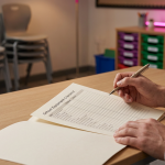School Equipment Checklist - Professional 16:9 hero banner. Ultra high resolution. A School Business Manager's hands, in a contemporary school setting, meticulously reviewing a detailed, multi-page 'School Equipment Checklist' document. The checklist is open on a sleek, light-coloured desk, with a pen poised above it, suggesting careful planning and decision-making. In the background, subtly blurred, are elements of a modern classroom – perhaps ergonomic chairs and a colourful storage unit – illuminated by a soft, focused glow of #737373 light, with hints of #E2087E from a strategic design element. The overall atmosphere is organised and authoritative, reflecting careful planning and the brand's expertise in educational furnishing. Style: Editorial photography, conveying precision and strategic thinking. Avoid: Generic office scenes, groups of people, or overtly digital interfaces.