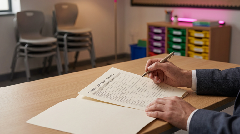 School Equipment Checklist - Professional 16:9 hero banner. Ultra high resolution. A School Business Manager's hands, in a contemporary school setting, meticulously reviewing a detailed, multi-page 'School Equipment Checklist' document. The checklist is open on a sleek, light-coloured desk, with a pen poised above it, suggesting careful planning and decision-making. In the background, subtly blurred, are elements of a modern classroom – perhaps ergonomic chairs and a colourful storage unit – illuminated by a soft, focused glow of #737373 light, with hints of #E2087E from a strategic design element. The overall atmosphere is organised and authoritative, reflecting careful planning and the brand's expertise in educational furnishing. Style: Editorial photography, conveying precision and strategic thinking. Avoid: Generic office scenes, groups of people, or overtly digital interfaces.