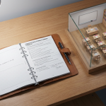 School Furniture Checklist - Professional 16:9 hero banner. Ultra high resolution. A meticulously organised school desk from an overhead perspective, featuring a detailed, open checklist document with a pen resting on it, alongside a miniature, perfectly arranged classroom diorama. The scene is illuminated by an elegant accent glow of #737373, highlighting the precision and planning involved. Subtle elements of #E2087E and #000000 are integrated within the miniature furniture pieces, suggesting the wide range of products. This composition symbolises strategic planning and comprehensive solutions for educational environments. Style: Editorial still life photography, clean and authoritative.