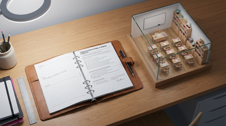 School Furniture Checklist - Professional 16:9 hero banner. Ultra high resolution. A meticulously organised school desk from an overhead perspective, featuring a detailed, open checklist document with a pen resting on it, alongside a miniature, perfectly arranged classroom diorama. The scene is illuminated by an elegant accent glow of #737373, highlighting the precision and planning involved. Subtle elements of #E2087E and #000000 are integrated within the miniature furniture pieces, suggesting the wide range of products. This composition symbolises strategic planning and comprehensive solutions for educational environments. Style: Editorial still life photography, clean and authoritative.
