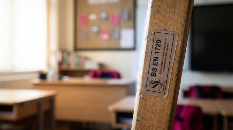 school furniture regulations UK - Professional 16:9 hero banner. Ultra high resolution. A finely detailed macro shot of a British Standard (BS EN) certification label, prominently displayed on a small, sturdy wooden school chair leg. The label is crisp and legible, highlighting the 'BS EN 1729' text. The background is a subtly blurred, warm-toned classroom environment with natural light filtering in, suggesting safety and order. A soft, authoritative glow of #737373 emanates from behind the label, with subtle accents of #E2087E and #000000 in the background elements, indicating precision and adherence to standards. Style: Documentary photography, focus on texture and detail.