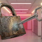 School Health and Safety UK - Professional 16:9 hero banner. Ultra high resolution. A close-up, macro shot of a weathered, old padlock, symbolizing outdated myths and security risks, being 'unlocked' or 'disarmed' by a new, shiny, modern key. The key represents expert knowledge, compliance, and proactive safety measures. The padlock is set against a subtly blurred background of a modern, well-organised school corridor, hinting at the environment being made safe. Accent lighting in #737373 emanates from the tip of the key, casting a glow over the padlock, while a soft #E2087E light subtly defines the background. Style: Editorial photography with a focus on symbolic still life. Avoid: Groups of people, generic school scenes, text overlays, cold blue tones.