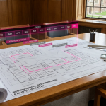 Seasonal School Preparation - Professional 16:9 hero banner. Ultra high resolution. A meticulously organised, detailed architectural blueprint of a modern school building, overlaid with a transparent, glowing timeline showing a 12-month project plan. The blueprint highlights specific areas for refurbishment and maintenance. Subtle accent lighting in #737373 casts a strategic glow over the planning documents, while elements of #E2087E and #000000 subtly define sections of the plan, symbolising proactive, comprehensive preparation. The scene conveys precision and foresight, set within a prestigious educational context. Style: Architectural photography with a technical, authoritative feel. Avoid: Groups of people, generic school hallways, abstract art without clear context.