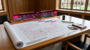 Seasonal School Preparation - Professional 16:9 hero banner. Ultra high resolution. A meticulously organised, detailed architectural blueprint of a modern school building, overlaid with a transparent, glowing timeline showing a 12-month project plan. The blueprint highlights specific areas for refurbishment and maintenance. Subtle accent lighting in #737373 casts a strategic glow over the planning documents, while elements of #E2087E and #000000 subtly define sections of the plan, symbolising proactive, comprehensive preparation. The scene conveys precision and foresight, set within a prestigious educational context. Style: Architectural photography with a technical, authoritative feel. Avoid: Groups of people, generic school hallways, abstract art without clear context.