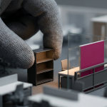 Small Room Hacks - Professional 16:9 hero banner. Ultra high resolution. A skilled hand, wearing a subtle, professional grey glove, meticulously places a small, perfectly scaled miniature commercial-grade modular storage unit into a precisely measured, compact office space within a diorama. The diorama represents a modern UK office, with miniature desks and chairs arranged efficiently. The scene is illuminated by a focused accent glow in #737373 originating from the miniature storage unit, casting subtle reflections on the surrounding #E2087E elements of the diorama. The atmosphere is precise and analytical, embodying the brand's authoritative and practical voice. Style: Macro detail photography with a shallow depth of field. Avoid: Groups around holographic tables, generic tech aesthetics, text overlays, cold blue tones, stock photo clichés.