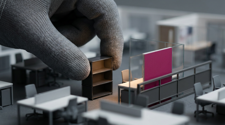 Small Room Hacks - Professional 16:9 hero banner. Ultra high resolution. A skilled hand, wearing a subtle, professional grey glove, meticulously places a small, perfectly scaled miniature commercial-grade modular storage unit into a precisely measured, compact office space within a diorama. The diorama represents a modern UK office, with miniature desks and chairs arranged efficiently. The scene is illuminated by a focused accent glow in #737373 originating from the miniature storage unit, casting subtle reflections on the surrounding #E2087E elements of the diorama. The atmosphere is precise and analytical, embodying the brand's authoritative and practical voice. Style: Macro detail photography with a shallow depth of field. Avoid: Groups around holographic tables, generic tech aesthetics, text overlays, cold blue tones, stock photo clichés.