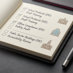 Space Organisation Checklist - Professional 16:9 hero banner. Ultra high resolution. A meticulously organised, top-down macro shot of a comprehensive checklist laid out on a modern, dark grey desk surface. The checklist is partially filled with neat, professional handwriting and features UK-specific icons representing schools, offices, and public sector buildings. A stylish, high-quality pen rests beside it. The scene is illuminated by a subtle, authoritative #737373 accent glow emanating from the left, highlighting the checklist's details. A hint of #E2087E can be seen in a subtle background element, creating depth. The overall atmosphere is one of precision, planning, and expert guidance. Style: Editorial photography with a professional, authoritative tone. Avoid: Groups around holographic tables, generic tech aesthetics, text overlays, cold blue tones, stock photo clichés.