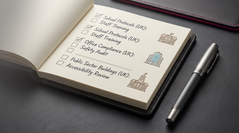 Space Organisation Checklist - Professional 16:9 hero banner. Ultra high resolution. A meticulously organised, top-down macro shot of a comprehensive checklist laid out on a modern, dark grey desk surface. The checklist is partially filled with neat, professional handwriting and features UK-specific icons representing schools, offices, and public sector buildings. A stylish, high-quality pen rests beside it. The scene is illuminated by a subtle, authoritative #737373 accent glow emanating from the left, highlighting the checklist's details. A hint of #E2087E can be seen in a subtle background element, creating depth. The overall atmosphere is one of precision, planning, and expert guidance. Style: Editorial photography with a professional, authoritative tone. Avoid: Groups around holographic tables, generic tech aesthetics, text overlays, cold blue tones, stock photo clichés.