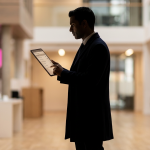 Workplace Maintenance Checklists - Professional 16:9 hero banner. Ultra high resolution. A solitary, authoritative figure, dressed in smart business attire, stands silhouetted against a dramatic backdrop of a modern, well-maintained UK workplace interior, featuring subtle elements of office furniture and school equipment. The figure holds a digital tablet displaying a maintenance checklist, its screen casting a soft #737373 glow that highlights their focused profile. Behind them, a blurred but vibrant #E2087E light source emanates from a distant window or architectural feature, symbolising proactive management and foresight. The overall atmosphere is one of control, efficiency, and quiet expertise, reflecting Cost Cutters UK's reliability. Style: Editorial photography with a deep focus on composition and lighting. Avoid: Groups around holographic tables, generic tech aesthetics, text overlays, cold blue tones, stock photo clichés.