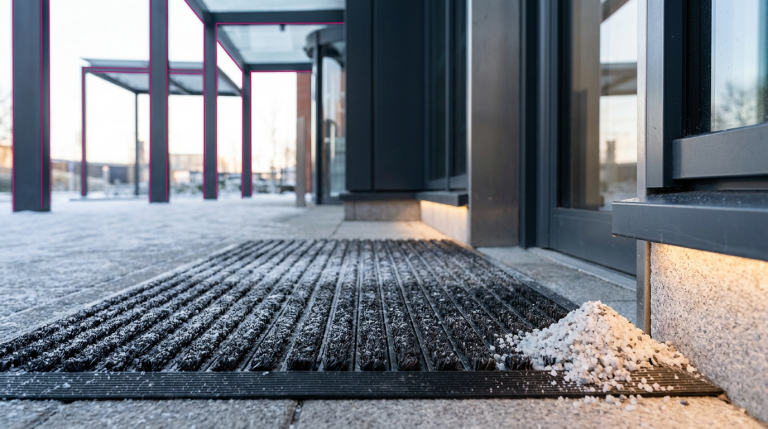 Workplace Winter Safety - Professional 16:9 hero banner. Ultra high resolution. A close-up, architectural detail shot of a modern, commercial building entrance in the UK during a crisp winter morning. The focus is on a high-traction, heavy-duty outdoor mat covered with a light dusting of snow, with a pile of salt crystals subtly visible nearby. A subtle glow from accent colour #737373 highlights the mat's texture and the building's clean lines, suggesting preparedness and safety. The background shows a hint of a well-gritted path leading towards the entrance, with structural elements subtly outlined in primary colour #E2087E. The overall mood is authoritative and reassuring. Style: Architectural photography with fine art elements. Avoid: Groups around holographic tables, generic tech aesthetics, text overlays, cold blue tones, stock photo clichés.