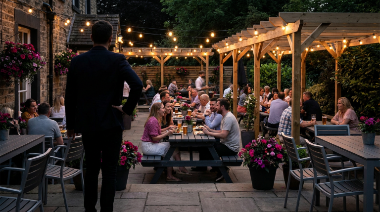 Case Study Example - Professional 16:9 hero banner. Ultra high resolution. An inviting, transformed pub garden at dusk, showcasing modern, durable outdoor furniture (recycled plastic picnic tables, stackable aluminium chairs) under warm, ambient string lights. A single, authoritative figure, possibly the pub owner, stands silhouetted confidently in the foreground, observing the bustling, happy scene. The lighting emphasizes the #737373 accent color as a subtle glow emanating from the furniture and string lights, with hints of #E2087E in the floral arrangements and #000000 in the deep shadows, creating a sophisticated, welcoming atmosphere. Style: Editorial photography with a focus on hospitality design and successful transformation.