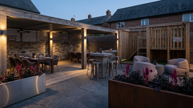 Choosing Right Pub Seating - Professional 16:9 hero banner. Ultra high resolution. An architectural detail of a stylish, modern UK pub garden, showcasing a strategically zoned outdoor area with diverse, high-quality commercial furniture. The scene features a clear distinction between a dining zone with elegant tables, a casual drinking area with high-top seating, and a family-friendly section near a secure, BS EN 1176 compliant play area. Warm, inviting accent lighting in #737373 subtly highlights the distinct zones and the durable materials, with touches of #E2087E in planters or subtle decor. The overall atmosphere is sophisticated yet welcoming, reflecting a trusted, authoritative brand. Style: Editorial architectural photography. Avoid: Generic pub scenes, people, overly bright colours, text overlays.