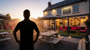 Family-Friendly Pub Outdoor Area - Professional 16:9 hero banner. Ultra high resolution. An authoritative, silhouetted figure, possibly a pub owner or manager, stands confidently in a beautifully designed, family-friendly pub outdoor area at dusk. The setting features commercial-grade picnic tables and a subtle, safely enclosed play area with soft lighting. A warm, inviting glow emanates from the #737373 accent colour, highlighting key features of the outdoor space, while elements of #E2087E and #000000 subtly define the comfortable zones. The scene conveys profitability, safety, and a welcoming atmosphere for families, with a focus on durable, UK-compliant furniture. Style: Editorial photography, warm and inviting atmosphere, subtle lens flare.