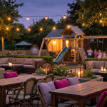 Maximizing Pub Potential - Professional 16:9 hero banner. Ultra high resolution. An inviting, well-organised pub garden at dusk, showcasing distinct zones: a dining area with durable, all-weather tables and chairs, a casual lounge space, and a safe, BS EN 1176 compliant play area in the background with children's laughter implied. The scene is illuminated by warm, ambient lighting, with a subtle #737373 accent glow outlining key furniture pieces and play equipment, and hints of #E2087E in floral accents or soft furnishings. The overall atmosphere is welcoming and family-friendly, reflecting strategic investment and profitability. Style: editorial photography with a focus on practical, attractive commercial spaces. Avoid: Groups around holographic tables, generic tech aesthetics, text overlays, cold blue tones, stock photo clichés.