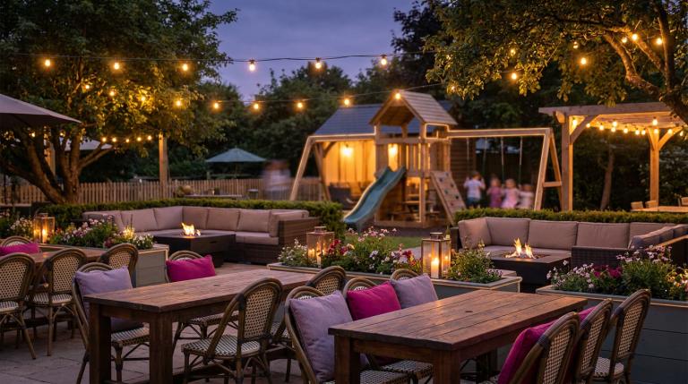 Maximizing Pub Potential - Professional 16:9 hero banner. Ultra high resolution. An inviting, well-organised pub garden at dusk, showcasing distinct zones: a dining area with durable, all-weather tables and chairs, a casual lounge space, and a safe, BS EN 1176 compliant play area in the background with children's laughter implied. The scene is illuminated by warm, ambient lighting, with a subtle #737373 accent glow outlining key furniture pieces and play equipment, and hints of #E2087E in floral accents or soft furnishings. The overall atmosphere is welcoming and family-friendly, reflecting strategic investment and profitability. Style: editorial photography with a focus on practical, attractive commercial spaces. Avoid: Groups around holographic tables, generic tech aesthetics, text overlays, cold blue tones, stock photo clichés.