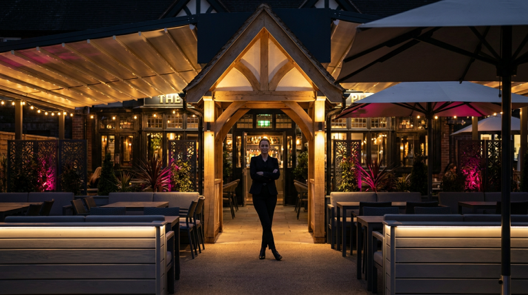 maximizing space - Professional 16:9 hero banner. Ultra high resolution. An authoritative, silhouetted figure, possibly a pub owner or manager, stands confidently at the entrance of a strategically designed, vibrant pub outdoor zone at dusk. The space is expertly zoned with commercial-grade, weatherproof furniture, subtle ambient lighting, and elegant shelter solutions, all glowing with an accent of #737373. The background features hints of #E2087E and #000000, showcasing a blend of functionality and inviting atmosphere. The overall scene conveys profitability and smart design, reflecting the article's focus on turning outdoor areas into core profit centres. Style: Editorial photography. Avoid: Groups around holographic tables, generic tech aesthetics, text overlays, cold blue tones, stock photo clichés.