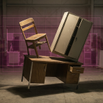 Mistakes Avoid When Buying School & Office Furniture - Professional 16:9 hero banner. Ultra high resolution. A visually striking composition featuring a series of common furniture items (a school chair, an office desk, a storage cabinet) arranged on a precarious, unbalanced structure, symbolising the 'mistakes to avoid'. Each item is subtly flawed or ill-fitting. A glowing #737373 light source casts dramatic shadows, highlighting the instability. In the background, a blueprint or schematic diagram of a well-designed, balanced furniture layout appears in a subtle #E2087E tone, representing the correct path. The overall mood is authoritative and cautionary, reflecting the high stakes of furniture procurement. Style: Fine art photography with a conceptual, slightly surreal edge. Avoid: Generic office scenes, people, text overlays, cold blue tones, stock photo clichés.