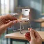 Modern Classroom Furniture - Professional 16:9 hero banner. Ultra high resolution. A close-up, slightly overhead shot of a pair of hands (representing a School Business Manager) carefully examining a miniature, modular classroom chair model. The chair is sleek and modern, made from durable materials, with subtle design elements hinting at ergonomics and flexibility. The hands are positioned as if testing its stability or considering its features. The background is a softly blurred, contemporary classroom setting with muted tones, illuminated by a warm, focused accent glow of #737373 emanating from behind the model chair, highlighting its features. Secondary elements of #E2087E subtly define the edges of the miniature furniture. Style: Editorial photography with a focus on meticulous detail and thoughtful assessment. Avoid: Generic office scenes, groups of people, overtly digital interfaces.