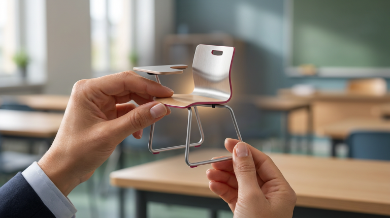 Modern Classroom Furniture - Professional 16:9 hero banner. Ultra high resolution. A close-up, slightly overhead shot of a pair of hands (representing a School Business Manager) carefully examining a miniature, modular classroom chair model. The chair is sleek and modern, made from durable materials, with subtle design elements hinting at ergonomics and flexibility. The hands are positioned as if testing its stability or considering its features. The background is a softly blurred, contemporary classroom setting with muted tones, illuminated by a warm, focused accent glow of #737373 emanating from behind the model chair, highlighting its features. Secondary elements of #E2087E subtly define the edges of the miniature furniture. Style: Editorial photography with a focus on meticulous detail and thoughtful assessment. Avoid: Generic office scenes, groups of people, overtly digital interfaces.