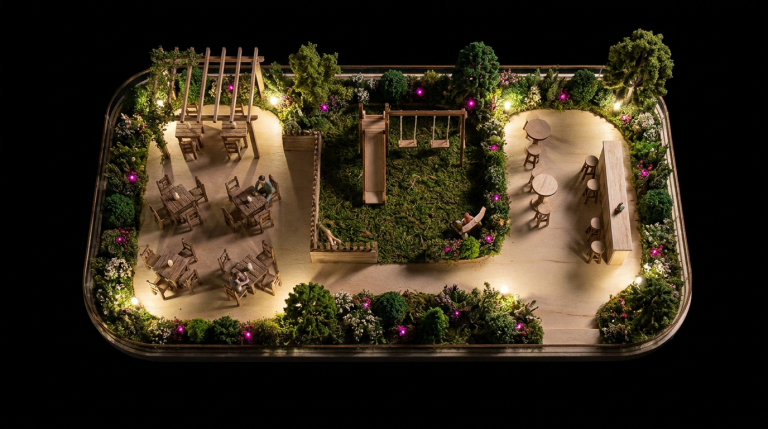 Pub Garden Design - Professional 16:9 hero banner. Ultra high resolution. A meticulously designed miniature pub garden model, seen from an overhead perspective, showcasing distinct zones: a dining area with tiny tables and chairs, a children's play zone with miniature equipment, and a social area with poseur tables. The model is illuminated by a soft, strategic #737373 glow highlighting the different zones, with subtle #E2087E accents in the miniature planting. The scene is presented on a #000000 background, evoking a sense of detailed planning and expertise. Style: Architectural model photography.