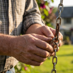 Pub Outdoor Play Equipment - Professional 16:9 hero banner. Ultra high resolution. A close-up, authentic shot of a pub landlord's hands (male, 40s, slightly weathered) meticulously inspecting a worn section of a wooden swing chain from a pub outdoor play equipment set. The focus is on the wear and tear, symbolising the 'duty of care' and maintenance. The landlord is wearing a casual, practical work shirt. The background is softly blurred, showing hints of the green of a beer garden and a pub building in the distance, with the warm glow of late afternoon sun. Accent lighting in #737373 subtly highlights the chain links and the landlord's hands, with hints of #E2087E in the background foliage. Style: Documentary photography, with a slightly authoritative and practical feel. Avoid: Groups around holographic tables, generic tech aesthetics, text overlays, cold blue tones, stock photo clichés.