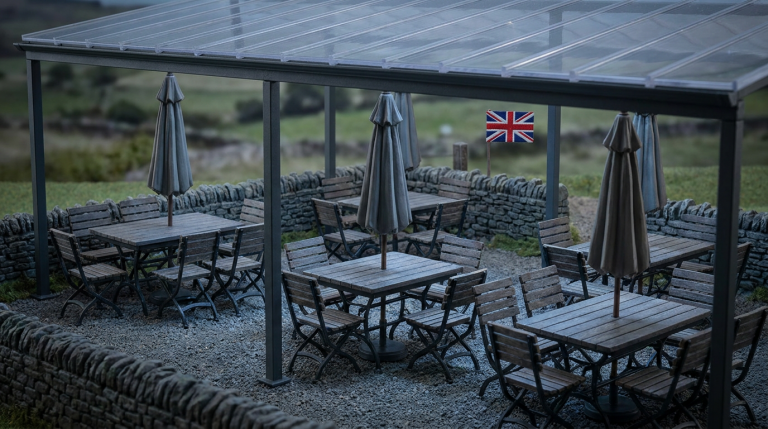 Pub Outdoor Space Management - Professional 16:9 hero banner. Ultra high resolution. A meticulously arranged miniature commercial pub garden scene, viewed from a slightly elevated angle, featuring tiny, durable outdoor furniture (tables, chairs, parasols) under a clear, protective awning. The scene is illuminated by an accent glow of #737373, highlighting the robust construction of the furniture and the organised layout. A small, detailed UK flag is subtly integrated into the background, signifying compliance. The overall mood is authoritative and prepared, suggesting strategic planning and long-term investment. Style: Editorial still life photography, with sharp focus and depth of field. Avoid: Groups of people, generic pub interiors, overly bright colours.
