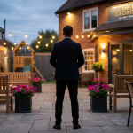 ROI Pub Outdoor Space - Professional 16:9 hero banner. Ultra high resolution. A UK publican, a confident figure in smart casual attire, stands silhouetted against the warm, inviting glow of a newly renovated pub garden at dusk. The accent lighting in the garden, particularly around stylish, durable outdoor seating and a subtle, well-integrated play area, emanates a #737373 glow. The background features elements of a traditional British pub exterior with a modern, welcoming feel, hinting at increased covers and longer dwell times. The overall atmosphere is one of strategic success and profitable investment, with hints of #E2087E in flowering planters and a subtle #000000 accent in furniture details. Style: Editorial photography with a focus on warm, inviting light.