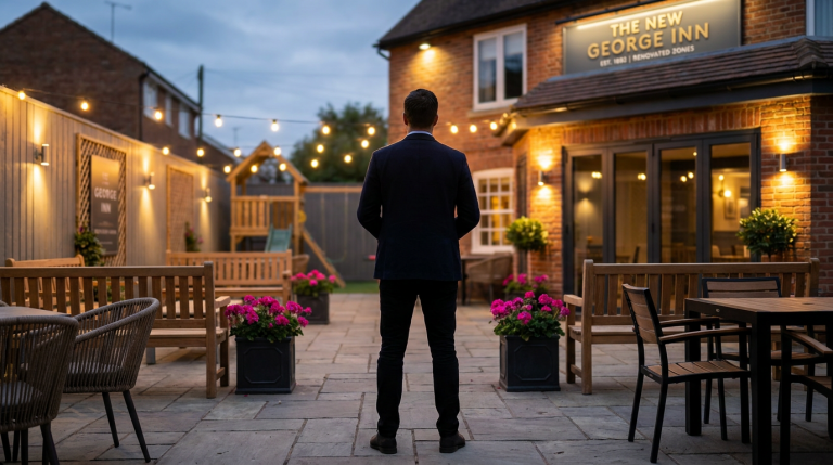 ROI Pub Outdoor Space - Professional 16:9 hero banner. Ultra high resolution. A UK publican, a confident figure in smart casual attire, stands silhouetted against the warm, inviting glow of a newly renovated pub garden at dusk. The accent lighting in the garden, particularly around stylish, durable outdoor seating and a subtle, well-integrated play area, emanates a #737373 glow. The background features elements of a traditional British pub exterior with a modern, welcoming feel, hinting at increased covers and longer dwell times. The overall atmosphere is one of strategic success and profitable investment, with hints of #E2087E in flowering planters and a subtle #000000 accent in furniture details. Style: Editorial photography with a focus on warm, inviting light.