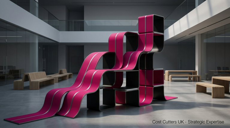 School Furniture Budgets - Professional 16:9 hero banner. Ultra high resolution. A sophisticated, abstract geometric pattern representing strategic financial planning and long-term investment in an educational setting. Dynamic, interlocking shapes in shades of #E2087E and #000000, with key structural lines and glowing accents in #737373, forming a visual metaphor for a well-managed school furniture budget. The composition suggests growth, stability, and optimised resource allocation within a clean, modern school environment, without showing any people. The overall mood is authoritative and forward-thinking, reflecting Cost Cutters UK's expertise. Style: Fine art architectural photography with dramatic, controlled lighting.