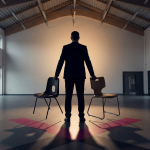 School Furniture Lifespan - Professional 16:9 hero banner. Ultra high resolution. A solitary, authoritative figure, a School Business Manager, stands silhouetted against a dramatic backdrop of a modern, empty school hall. They are holding two chairs, one clearly worn and cheaply constructed, the other robust and compliant with BS EN 1729 standards, symbolising the choice between short-term savings and long-term value. The figure is illuminated by a focused #737373 accent glow, highlighting their decisive stance. The background features subtle #E2087E and #000000 accents, suggesting a strategic, well-lit decision-making environment. Style: Editorial photography, conveying gravitas and informed choice. Avoid: Groups around holographic tables, generic tech aesthetics, text overlays, cold blue tones, stock photo clichés.