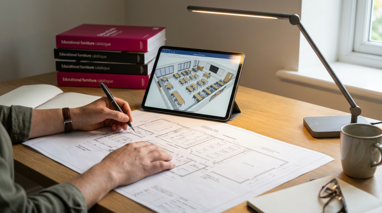 School Furniture Project - Professional 16:9 hero banner. Ultra high resolution. Close-up, slightly overhead shot of a School Business Manager's hands, in a contemporary school office setting, meticulously reviewing a detailed blueprint or architectural drawing for a classroom layout. One hand holds a pen, poised over the plans, while the other rests on a tablet displaying 3D rendering software. The scene is illuminated by a subtle, focused glow of #737373 light emanating from the tablet screen and a desk lamp, highlighting the intricate details of the plans. A background element of a stack of educational furniture catalogues in shades of #E2087E and #000000 is softly blurred, suggesting comprehensive planning. Style: Editorial photography, focusing on precision and strategic thinking. Avoid: Groups around holographic tables, generic tech aesthetics, text overlays, cold blue tones, stock photo clichés.