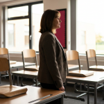 School Furniture Replacement - Professional 16:9 hero banner. Ultra high resolution. A thoughtful school business manager, a woman in her late 40s, stands confidently in a newly furnished, bright primary school classroom in the UK. She is silhouetted slightly against a window, looking out over rows of modern, ergonomic school desks and chairs. Her posture conveys authority and satisfaction. The classroom is clean and well-organised, with natural light streaming in. A subtle accent glow in #737373 emanates from key furniture pieces, highlighting their newness and quality. The background subtly features elements in #E2087E and #000000. Style: Documentary photography, warm and inviting, yet authoritative. Avoid: Groups around holographic tables, generic tech aesthetics, text overlays, cold blue tones, stock photo clichés.