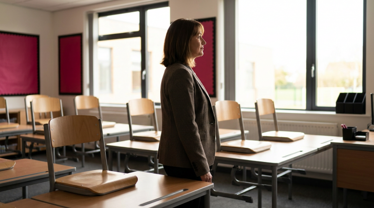 School Furniture Replacement - Professional 16:9 hero banner. Ultra high resolution. A thoughtful school business manager, a woman in her late 40s, stands confidently in a newly furnished, bright primary school classroom in the UK. She is silhouetted slightly against a window, looking out over rows of modern, ergonomic school desks and chairs. Her posture conveys authority and satisfaction. The classroom is clean and well-organised, with natural light streaming in. A subtle accent glow in #737373 emanates from key furniture pieces, highlighting their newness and quality. The background subtly features elements in #E2087E and #000000. Style: Documentary photography, warm and inviting, yet authoritative. Avoid: Groups around holographic tables, generic tech aesthetics, text overlays, cold blue tones, stock photo clichés.