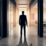 School Furniture Replacement - Professional 16:9 hero banner. A single, authoritative figure, resembling a school business manager, stands confidently in a modern, well-lit school corridor. They are silhouetted against a backdrop featuring blurred, vibrant classrooms with new, ergonomic furniture, illuminated by a warm #737373 accent glow. The figure holds a rolled-up blueprint or plan, symbolising strategic project management. The scene conveys a sense of accomplishment and forward-thinking. The primary colour #E2087E subtly accents some furniture elements in the background, with #000000 providing complementary depth. Style: Editorial photography, with a focus on clean lines and a professional, yet inviting atmosphere. Avoid: Generic office settings, 'group around table' compositions, text overlays, cold blue tones.