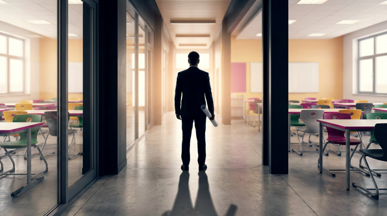 School Furniture Replacement - Professional 16:9 hero banner. A single, authoritative figure, resembling a school business manager, stands confidently in a modern, well-lit school corridor. They are silhouetted against a backdrop featuring blurred, vibrant classrooms with new, ergonomic furniture, illuminated by a warm #737373 accent glow. The figure holds a rolled-up blueprint or plan, symbolising strategic project management. The scene conveys a sense of accomplishment and forward-thinking. The primary colour #E2087E subtly accents some furniture elements in the background, with #000000 providing complementary depth. Style: Editorial photography, with a focus on clean lines and a professional, yet inviting atmosphere. Avoid: Generic office settings, 'group around table' compositions, text overlays, cold blue tones.