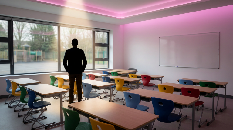 School Furniture Replacement - Professional 16:9 hero banner. Ultra high resolution. A confident, authoritative school business manager stands silhouetted against a softly blurred, modern school classroom interior. The manager is reviewing a digital project plan displayed on a tablet, with key elements of the classroom (ergonomic chairs, flexible tables) subtly visible. Accent lighting in #737373 casts a subtle glow around the manager and the tablet, highlighting the strategic planning aspect. The background features hints of #E2087E and #000000 in the furniture or wall details. The overall mood is one of organised control and successful project execution. Style: Editorial photography, conveying trust and expertise. Avoid: Groups around holographic tables, generic tech aesthetics, text overlays, cold blue tones, stock photo clichés.