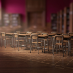 School Furniture Safety - Professional 16:9 hero banner. Ultra high resolution. A meticulously arranged display of miniature, perfectly scaled school chairs and desks, each item featuring tiny, visible certification labels (BS EN 1729, Crib 5). The scene is set on a polished, dark wooden surface, resembling a headteacher's or school business manager's desk, with a faint blueprint overlay of a school floor plan. A focused beam of light in #737373 illuminates the certifications, creating a subtle glow. In the background, out of focus, are rich, deep magenta (#E2087E) tones of a school hall or library, hinting at the larger environment. Style: Fine art still life photography with a documentary feel. Avoid: Groups around holographic tables, generic tech aesthetics, text overlays, cold blue tones, stock photo clichés.