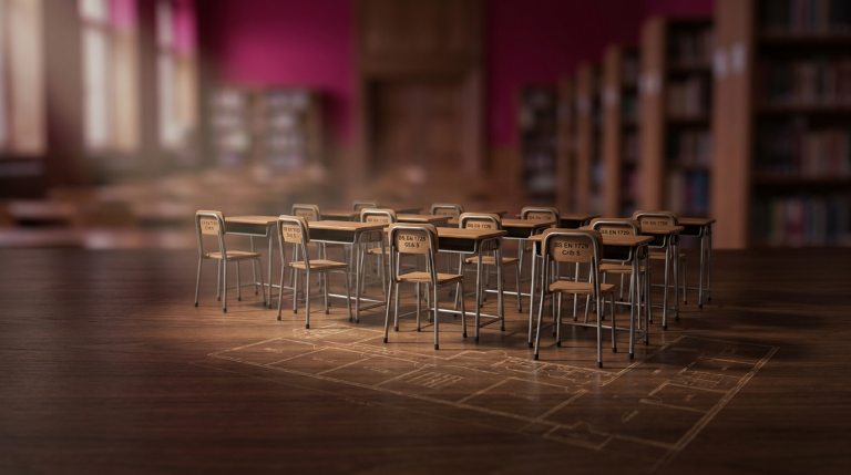 School Furniture Safety - Professional 16:9 hero banner. Ultra high resolution. A meticulously arranged display of miniature, perfectly scaled school chairs and desks, each item featuring tiny, visible certification labels (BS EN 1729, Crib 5). The scene is set on a polished, dark wooden surface, resembling a headteacher's or school business manager's desk, with a faint blueprint overlay of a school floor plan. A focused beam of light in #737373 illuminates the certifications, creating a subtle glow. In the background, out of focus, are rich, deep magenta (#E2087E) tones of a school hall or library, hinting at the larger environment. Style: Fine art still life photography with a documentary feel. Avoid: Groups around holographic tables, generic tech aesthetics, text overlays, cold blue tones, stock photo clichés.