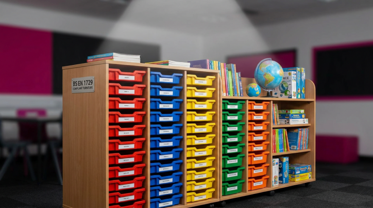 School Storage Solutions - Professional 16:9 hero banner. Ultra high resolution. A meticulously organised school storage shelf, filled with colour-coded trays and educational resources. A beam of light, accentuating the order and efficiency, glows in #737373 from above, highlighting a label with 'BS EN 1729' on a sturdy, well-constructed storage unit. The background subtly features the vibrant #E2087E and #000000 tones, suggesting a modern, well-equipped UK classroom environment. The focus is on the quality of the furniture and the clarity of organisation, symbolising expertise and compliance. Style: Editorial still life photography, with sharp focus and depth of field. Avoid: Groups of people, cluttered messy scenes, generic office furniture.