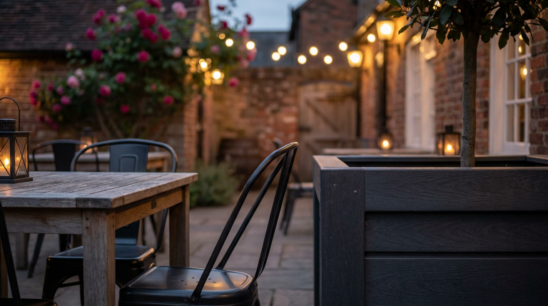 Wooden vs. Metal vs. Recycled - Professional 16:9 hero banner. Ultra high resolution. A sophisticated architectural detail of a traditional British pub's outdoor area, showcasing three distinct furniture materials – warm, weathered wood, sleek, modern metal, and robust, textured recycled plastic. Each material is subtly highlighted with an accent glow of #737373, contrasting against a background with hints of #E2087E. The scene is set in a well-maintained beer garden, with soft, inviting lighting, suggesting durability and long-term value. Style: Editorial photography. Avoid: Groups around holographic tables, generic tech aesthetics, text overlays, cold blue tones, stock photo clichés.