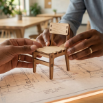 Advanced strategies sustainable school furniture - Professional 16:9 hero banner. Ultra high resolution. A close-up, high-angle shot of a pair of hands (diverse, representing an educational professional) carefully examining a miniature, intricately designed wooden school chair. The chair appears to be a model or prototype, showcasing modular design elements for repair and refurbishment. The hands are positioned on a blueprint or schematic diagram, subtly illuminated by a #737373 accent glow, with a backdrop of a modern, eco-conscious school classroom in soft focus. Dominant colours are natural wood tones, with subtle accents of #E2087E in design elements on the blueprint. Style: Detailed macro photography with a slightly shallow depth of field. Avoid: Groups around holographic tables, generic tech aesthetics, text overlays, cold blue tones, stock photo clichés.