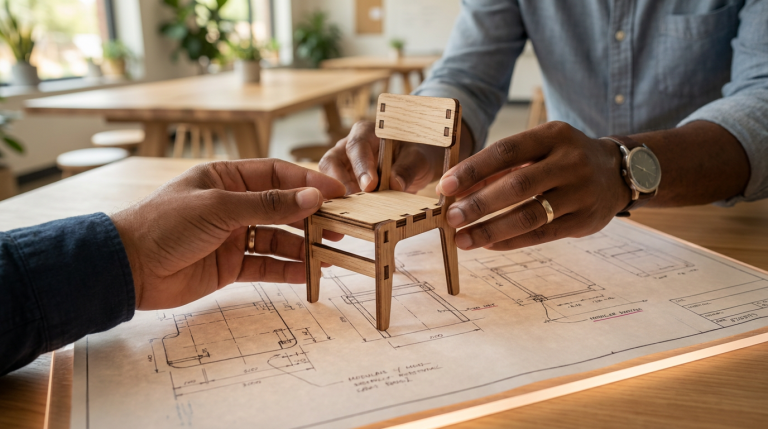 Advanced strategies sustainable school furniture - Professional 16:9 hero banner. Ultra high resolution. A close-up, high-angle shot of a pair of hands (diverse, representing an educational professional) carefully examining a miniature, intricately designed wooden school chair. The chair appears to be a model or prototype, showcasing modular design elements for repair and refurbishment. The hands are positioned on a blueprint or schematic diagram, subtly illuminated by a #737373 accent glow, with a backdrop of a modern, eco-conscious school classroom in soft focus. Dominant colours are natural wood tones, with subtle accents of #E2087E in design elements on the blueprint. Style: Detailed macro photography with a slightly shallow depth of field. Avoid: Groups around holographic tables, generic tech aesthetics, text overlays, cold blue tones, stock photo clichés.