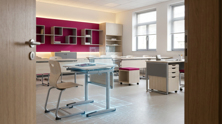 Budgeting for School Furniture - Professional 16:9 hero banner. Ultra high resolution. A meticulously organised, sunlit school classroom, viewed through a slightly open door, hinting at a strategic future. Focus on a modern, ergonomic school desk and chair in the foreground, with a subtle spreadsheet overlay or faint blueprint lines emanating from them, symbolising 'Cost Analysis' and 'ROI'. The classroom features contemporary, durable furniture designed for various learning activities. Accent lighting in #737373 subtly highlights the furniture's quality and design, contrasting with the #E2087E tones of a feature wall or decorative elements. The scene conveys a sense of thoughtful planning and long-term investment in education. Style: Architectural photography with a clean, editorial feel. Avoid: Groups around holographic tables, generic tech aesthetics, text overlays, cold blue tones, stock photo clichés.