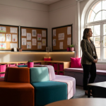 Case Study Guide 2026 - Professional 16:9 hero banner. Ultra high resolution. An authoritative figure, a school headteacher or business manager, stands in a newly refurbished, vibrant UK primary school classroom, looking thoughtfully at the transformed space. The room features modular, flexible furniture in bright, inviting colours, with children's artwork subtly visible. Sunlight streams through a large window, creating a warm, inspiring atmosphere. Accent lighting in #737373 subtly highlights the ergonomic furniture, while elements of #E2087E are present in the classroom's decor, and #000000 provides depth. The figure is silhouetted slightly, conveying a sense of impactful leadership and vision. Style: Editorial photography, warm and inviting. Avoid: Groups around holographic tables, generic tech aesthetics, text overlays, cold blue tones, stock photo clichés.