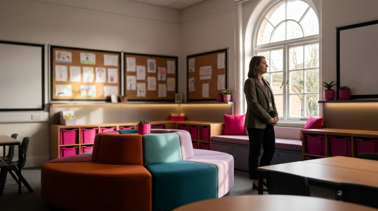Case Study Guide 2026 - Professional 16:9 hero banner. Ultra high resolution. An authoritative figure, a school headteacher or business manager, stands in a newly refurbished, vibrant UK primary school classroom, looking thoughtfully at the transformed space. The room features modular, flexible furniture in bright, inviting colours, with children's artwork subtly visible. Sunlight streams through a large window, creating a warm, inspiring atmosphere. Accent lighting in #737373 subtly highlights the ergonomic furniture, while elements of #E2087E are present in the classroom's decor, and #000000 provides depth. The figure is silhouetted slightly, conveying a sense of impactful leadership and vision. Style: Editorial photography, warm and inviting. Avoid: Groups around holographic tables, generic tech aesthetics, text overlays, cold blue tones, stock photo clichés.