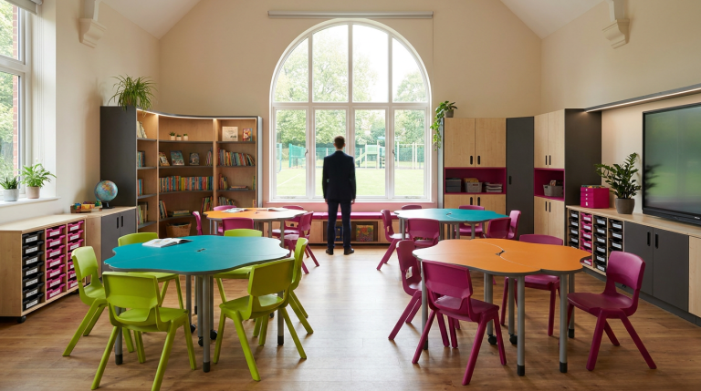 case study study and example - Professional 16:9 hero banner. Ultra high resolution. A vibrant, modern UK primary school classroom, bathed in soft, natural light, with flexible, modular school furniture in bright colours. A single, authoritative figure, possibly a Headteacher or School Business Manager, stands silhouetted against a large window, looking out over the transformed space. The room showcases ergonomic tables and chairs, integrated colourful storage units, and a clear, organised layout. Subtle accent lighting in #737373 highlights key furniture pieces, while elements of #E2087E and #000000 are incorporated into the furniture design or subtle background accents. The scene evokes a sense of accomplishment, forward-thinking, and a positive learning environment. Style: Editorial photography, warm and inviting. Avoid: Groups around holographic tables, generic tech aesthetics, text overlays, cold blue tones, stock photo clichés.