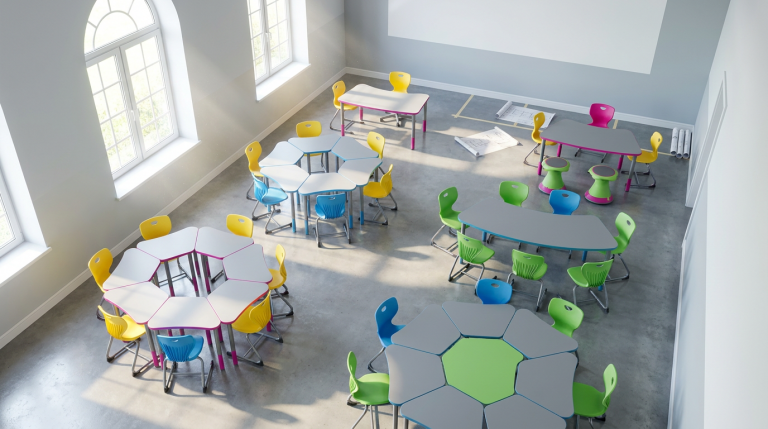 case study study and example - Professional 16:9 hero banner. Ultra high resolution. An aerial, slightly abstract view of a meticulously organised primary school classroom mid-renovation, with new, brightly coloured, ergonomic chairs and tables arranged in flexible learning zones. Sunlight streams through large windows, illuminating dust motes and highlighting the clean lines of the new furniture. The scene implies transformation and progress, with a subtle glow of #737373 accenting the edges of the furniture, hinting at the new life brought into the space. A hint of #E2087E can be seen in some of the furniture elements, contrasting with the neutral, clean classroom palette. Style: Editorial photography, clean and bright. Avoid: Groups of people, cluttered scenes, generic office environments.