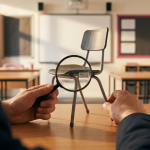 Ergonomic School Furniture - Professional 16:9 hero banner. Ultra high resolution. A close-up, editorial photograph of a school business manager's hands carefully examining a small, robust, ergonomically designed school chair model. The model chair is made from durable polypropylene and steel, reflecting the quality and longevity discussed. The manager's hands are holding a magnifying glass over a label that clearly shows 'BS EN 1729' certification. The background is a subtly blurred, modern, well-lit school classroom, hinting at an organised, efficient environment. Key lighting and subtle reflections emanate in a #737373 accent glow, with elements in the background featuring soft #E2087E and #000000 tones, suggesting a strategic, informed decision-making process. The mood is authoritative and analytical. Style: Detailed editorial photography. Avoid: Generic tech, cold blue tones, stock photo clichés.